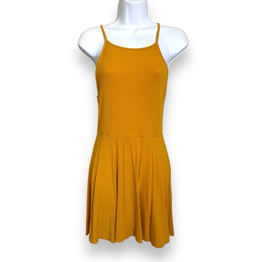 Forever 21 Mustard Yellow Ribbed Knit Fit & Flare Mini Dress | Spaghetti Strap S